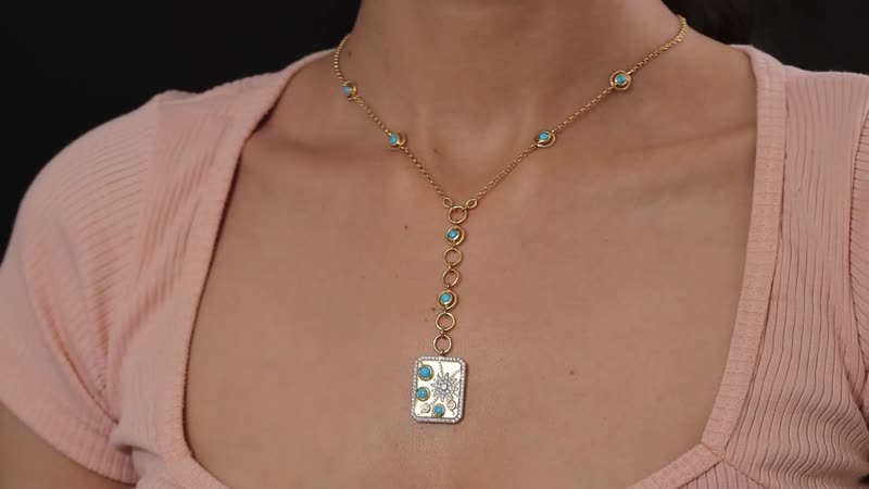 Sleeping Beauty Turquoise and Moissanite 1.85 ctw Celestial Medallion Coin Necklace 18 Inches in Vermeil Yellow Gold Over Sterling Silver