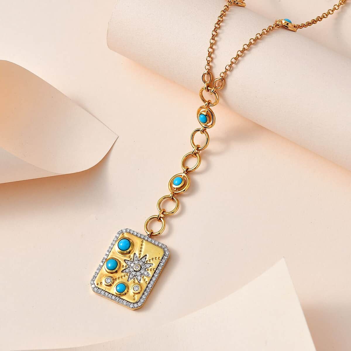 Sleeping Beauty Turquoise and Moissanite Celestial Medallion Coin Necklace 18 Inches in Vermeil Yellow Gold Over Sterling Silver 1.85 ctw image number 1