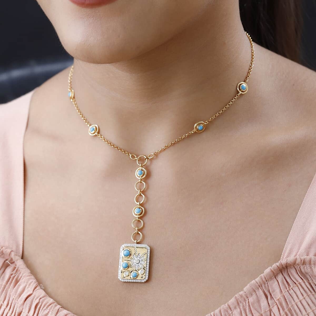 Sleeping Beauty Turquoise and Moissanite Celestial Medallion Coin Necklace 18 Inches in Vermeil Yellow Gold Over Sterling Silver 1.85 ctw image number 2