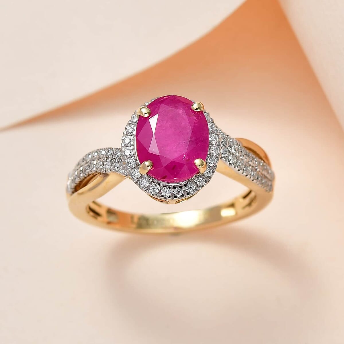 Luxoro 10K Yellow Gold AAA Montepuez Ruby and Moissanite Ring 2.35 ctw image number 1