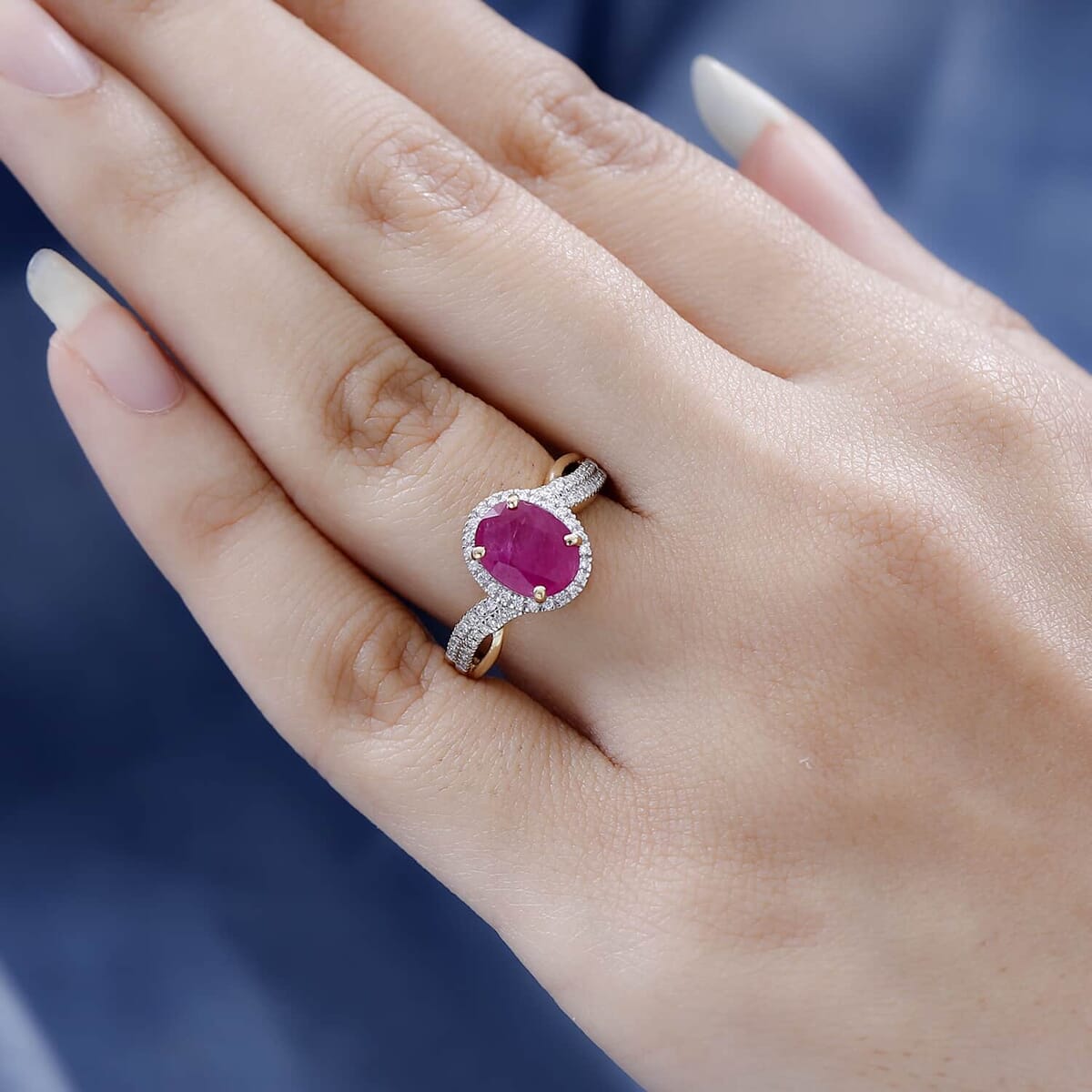 Luxoro 10K Yellow Gold AAA Montepuez Ruby and Moissanite Ring 2.35 ctw image number 2
