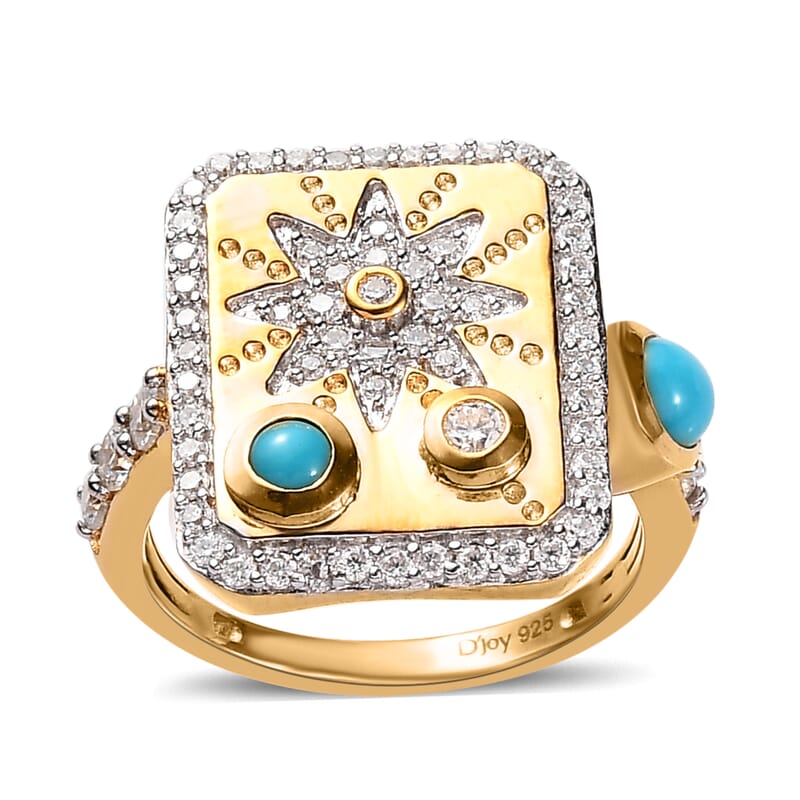 Sleeping Beauty Turquoise and Moissanite 1.00 ctw Sun Starburst Medallion Statement Signet Ring in Vermeil Yellow Gold Over Sterling Silver (Size 6.0)
