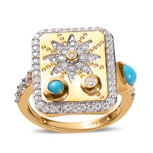 Sleeping Beauty Turquoise and Moissanite Sun Starburst Medallion Statement Signet Ring in Vermeil Yellow Gold Over Sterling Silver (Size 6.0) 1.00 ctw