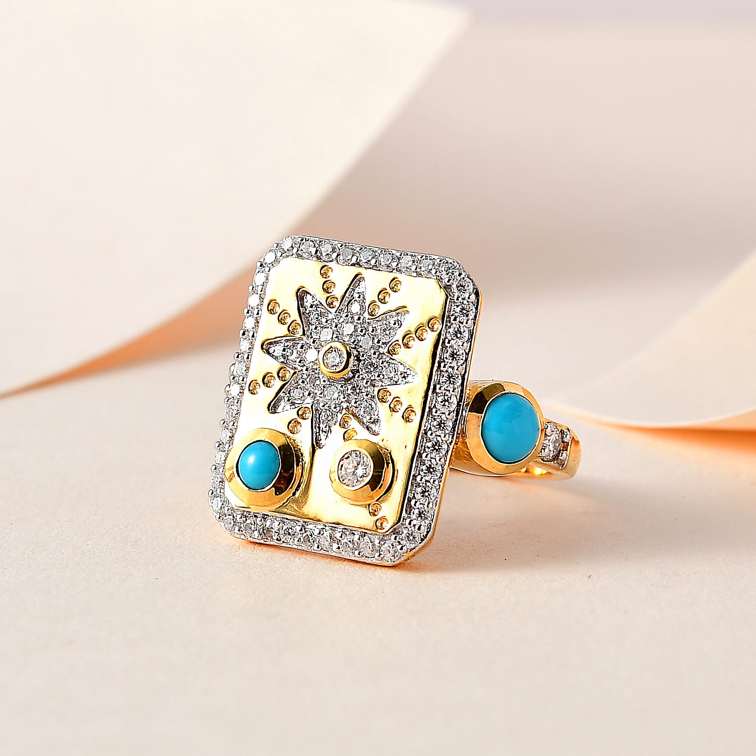 Sleeping Beauty Turquoise and Moissanite 1.00 ctw Sun Starburst Medallion Statement Signet Ring in Vermeil Yellow Gold Over Sterling Silver (Size 6.0)