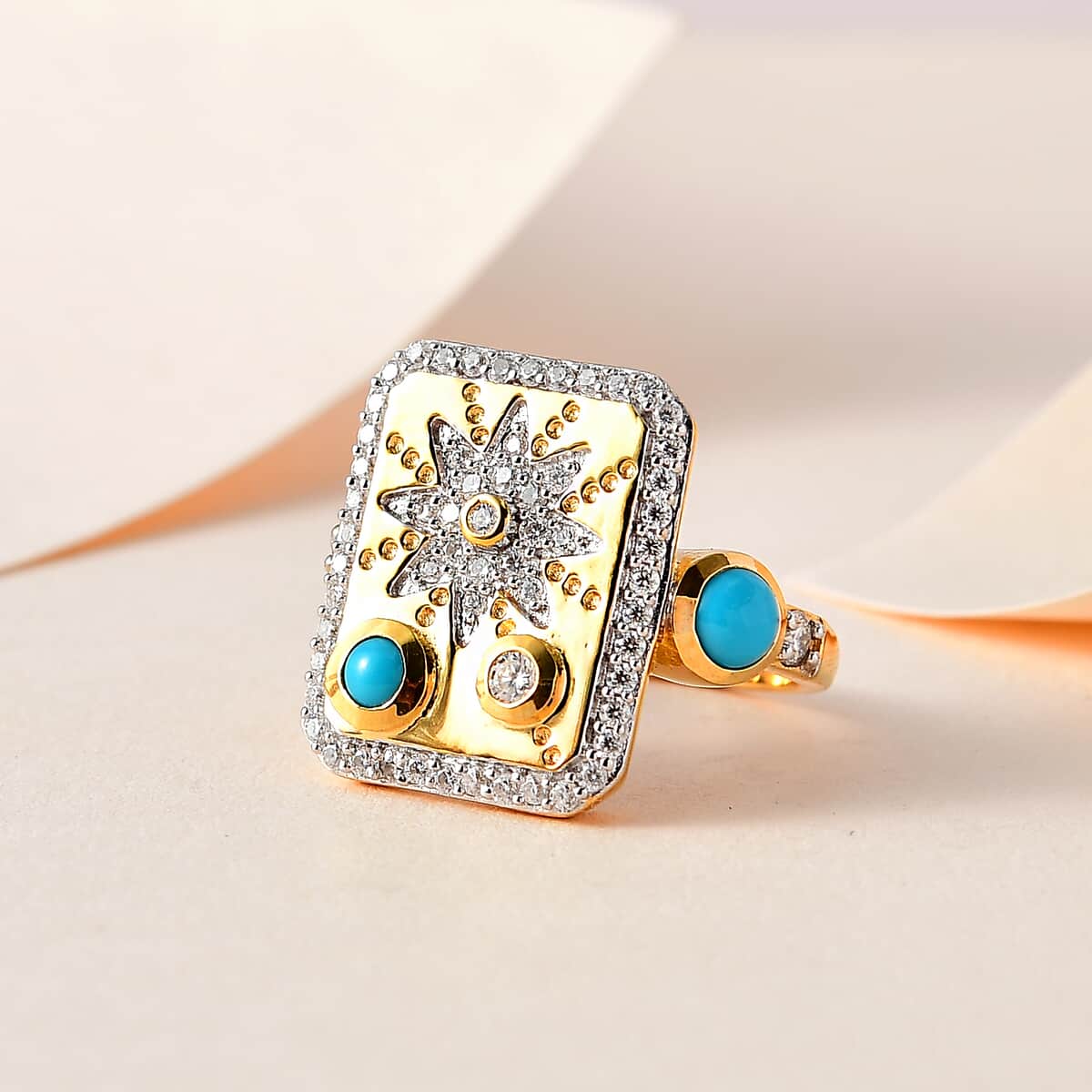 Sleeping Beauty Turquoise and Moissanite 1.00 ctw Sun Starburst Medallion Statement Signet Ring in Vermeil Yellow Gold Over Sterling Silver (Size 6.0) image number 1