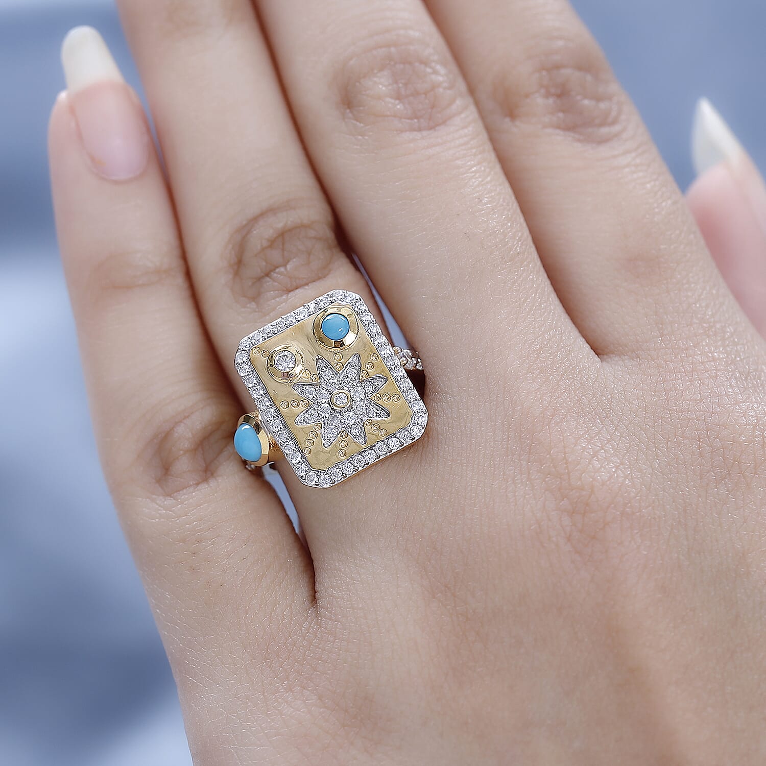 Sleeping Beauty Turquoise and Moissanite 1.00 ctw Sun Starburst Medallion Statement Signet Ring in Vermeil Yellow Gold Over Sterling Silver (Size 6.0)