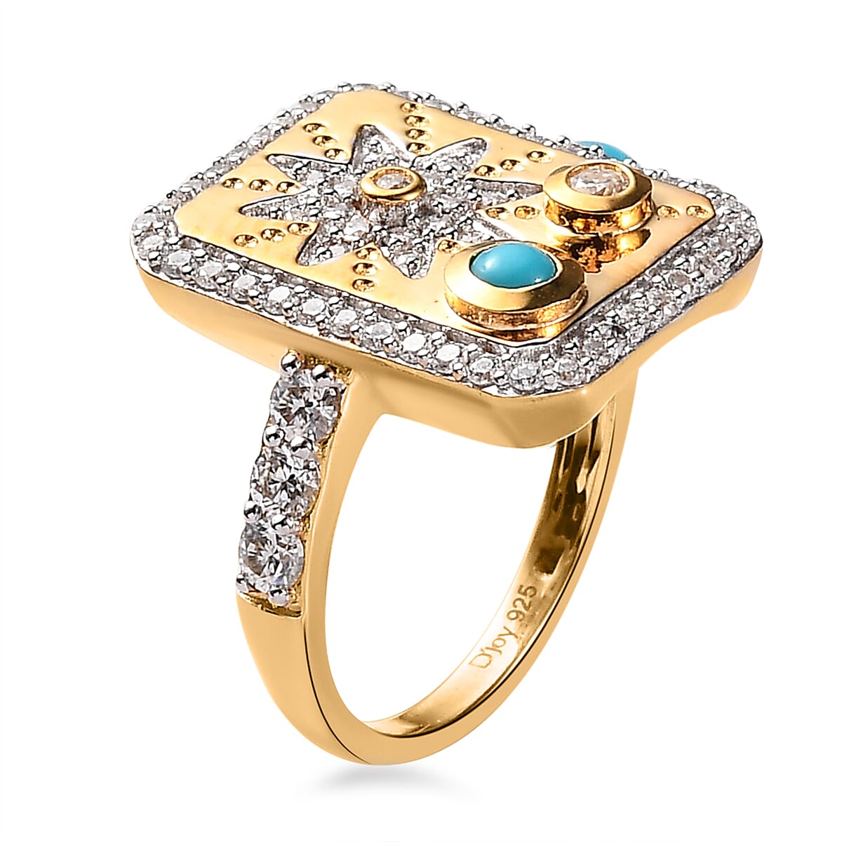 Sleeping Beauty Turquoise and Moissanite 1.00 ctw Sun Starburst Medallion Statement Signet Ring in Vermeil Yellow Gold Over Sterling Silver (Size 6.0)
