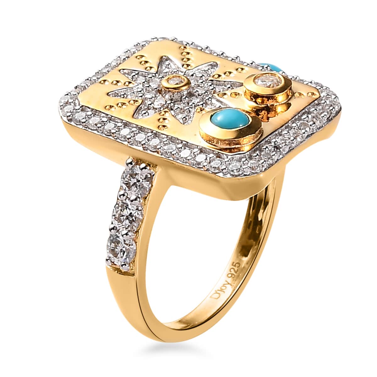 Sleeping Beauty Turquoise and Moissanite 1.00 ctw Sun Starburst Medallion Statement Signet Ring in Vermeil Yellow Gold Over Sterling Silver (Size 6.0) image number 3