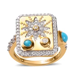 Sleeping Beauty Turquoise and Moissanite 1.00 ctw Sun Starburst Medallion Statement Signet Ring in Vermeil Yellow Gold Over Sterling Silver (Size 7.0)