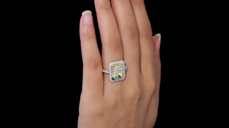 Sleeping Beauty Turquoise and Moissanite Sun Starburst Medallion Statement Signet Ring in Vermeil Yellow Gold Over Sterling Silver (Size 6.0) 1.00 ctw