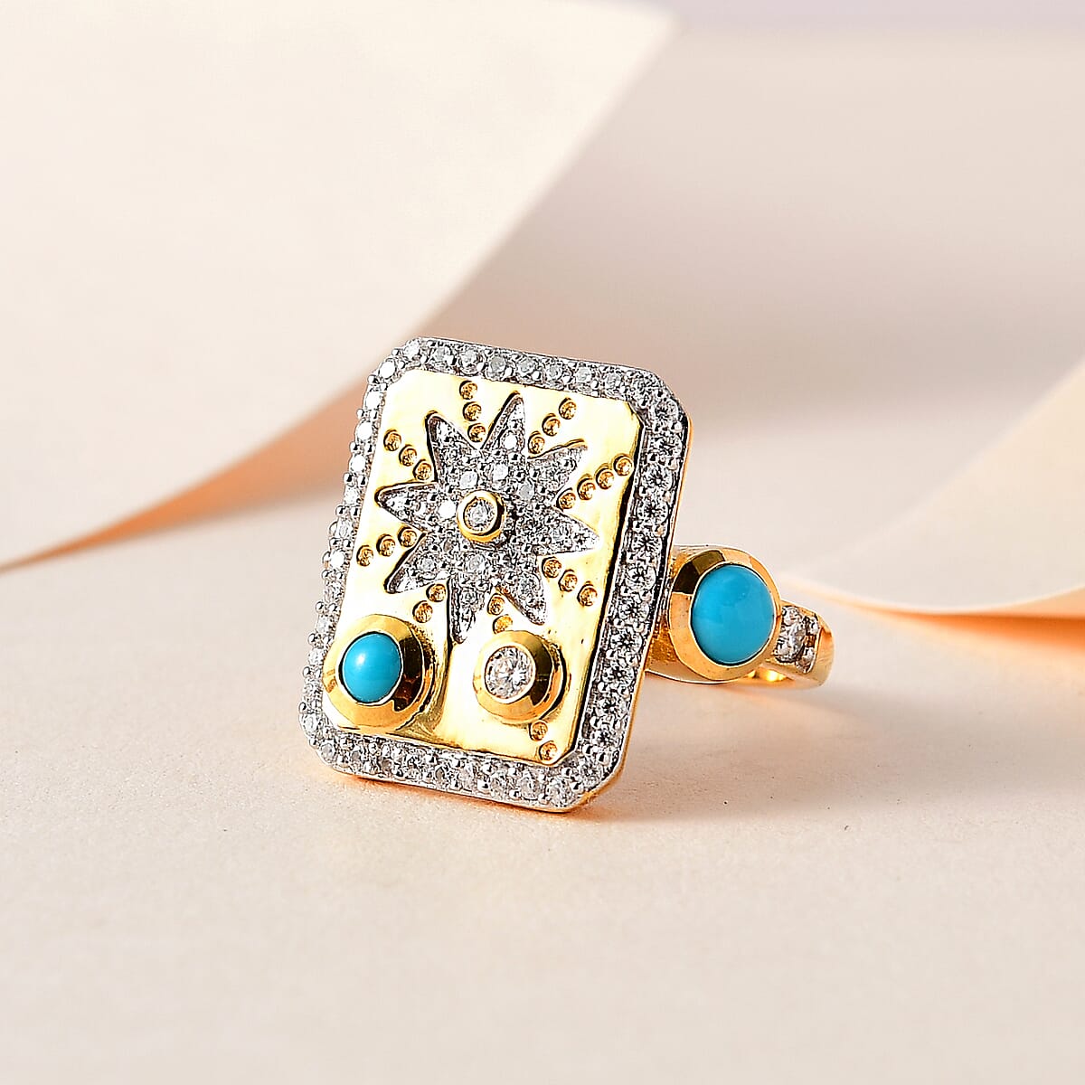Sleeping Beauty Turquoise and Moissanite 1.00 ctw Sun Starburst Medallion Statement Signet Ring in Vermeil Yellow Gold Over Sterling Silver (Size 7.0) image number 1