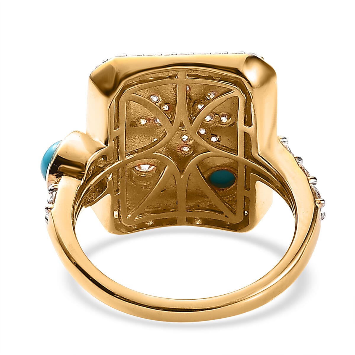 Sleeping Beauty Turquoise and Moissanite 1.00 ctw Sun Starburst Medallion Statement Signet Ring in Vermeil Yellow Gold Over Sterling Silver (Size 7.0) image number 4
