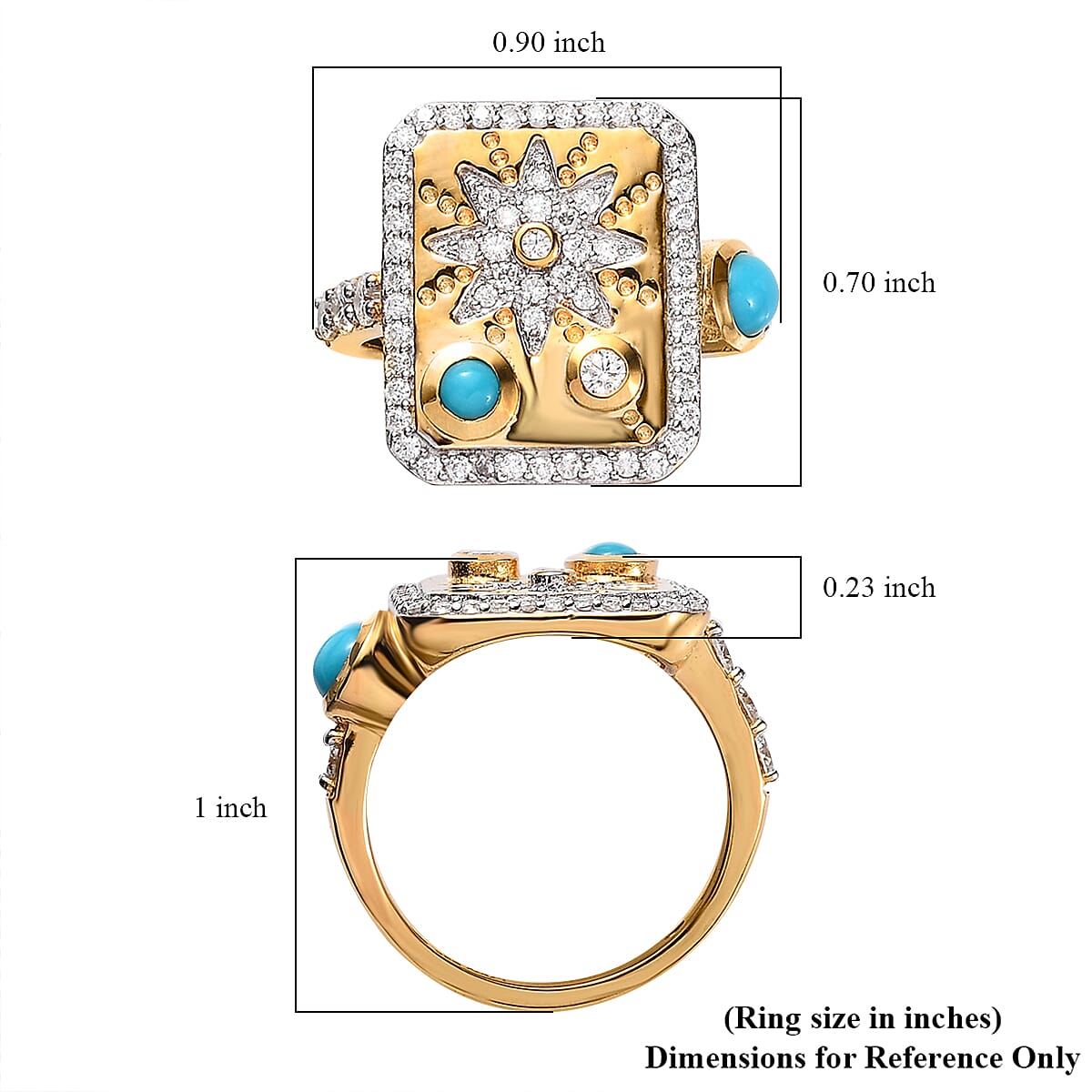 Sleeping Beauty Turquoise and Moissanite 1.00 ctw Sun Starburst Medallion Statement Signet Ring in Vermeil Yellow Gold Over Sterling Silver (Size 7.0) image number 5