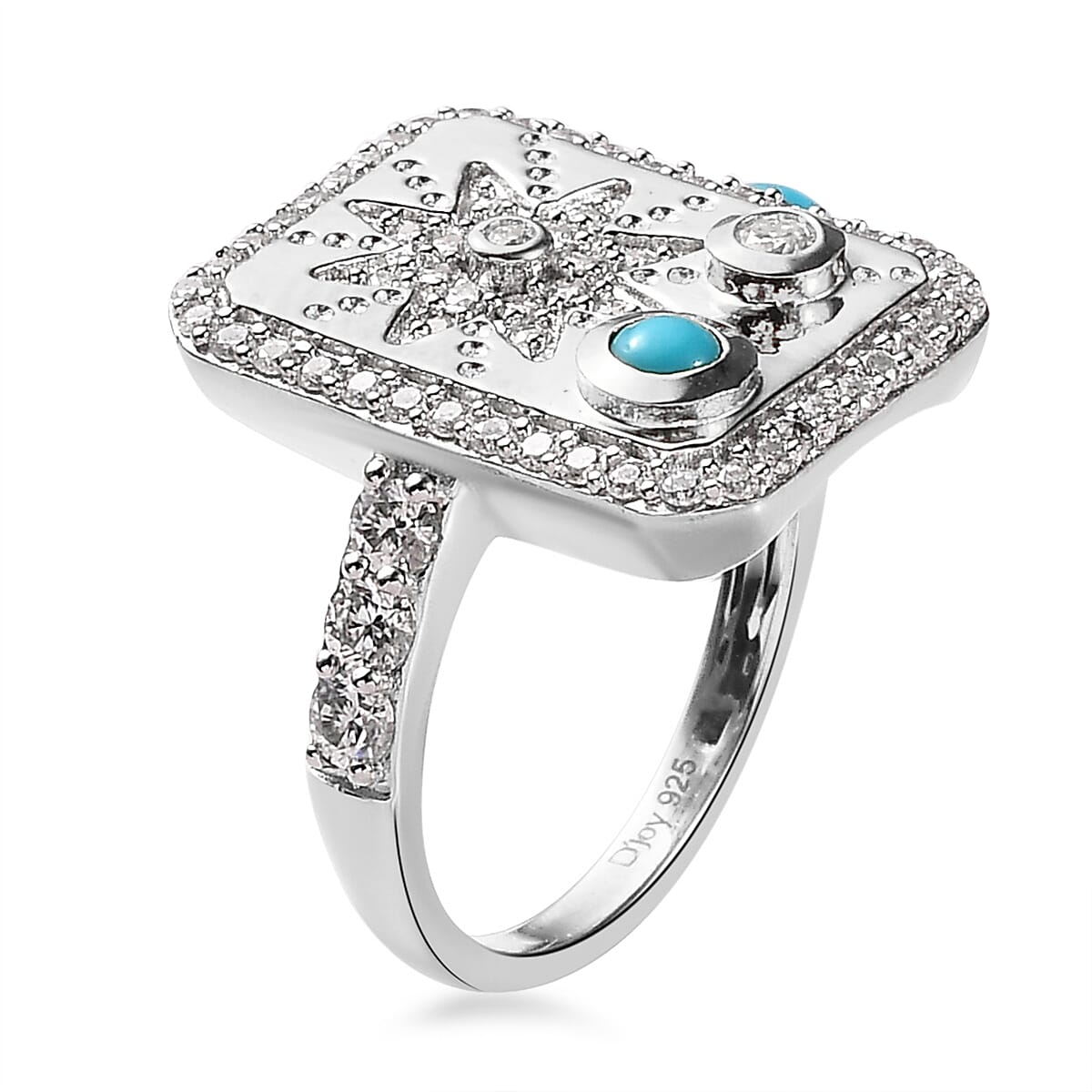 Sleeping Beauty Turquoise and Moissanite 1.00 ctw Sun Starburst Medallion Statement Signet Ring in Platinum Over Sterling Silver (Size 6.0) image number 3