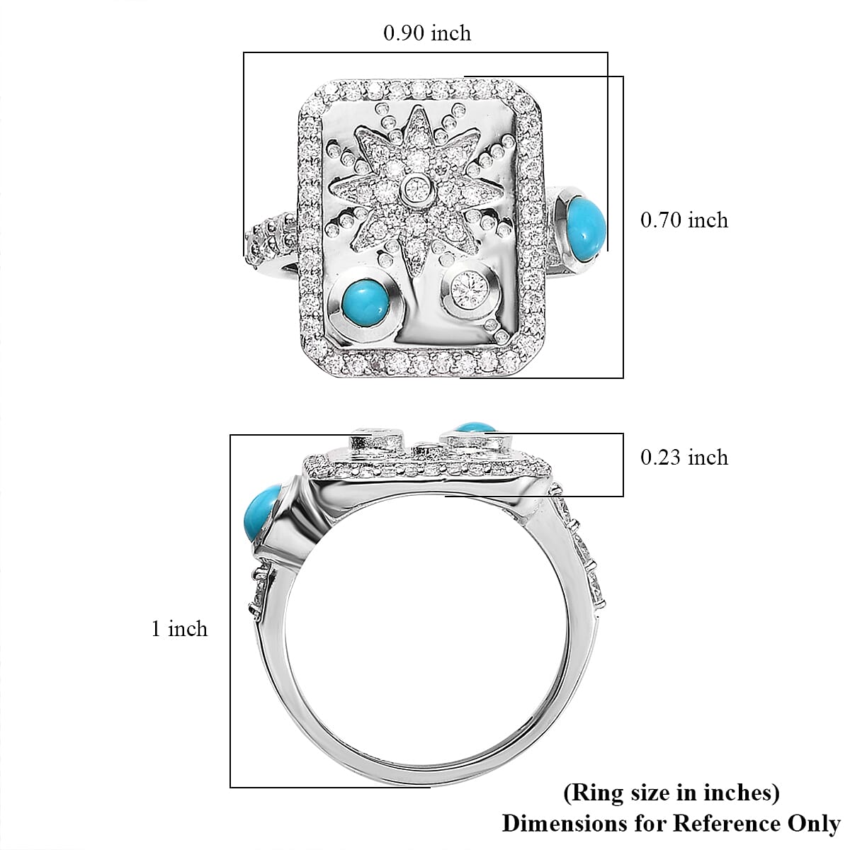 Sleeping Beauty Turquoise and Moissanite 1.00 ctw Sun Starburst Medallion Statement Signet Ring in Platinum Over Sterling Silver (Size 7.0) image number 5