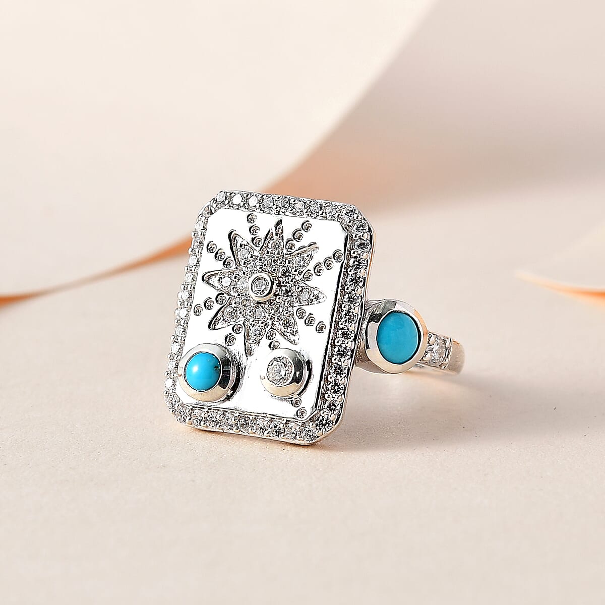 Sleeping Beauty Turquoise and Moissanite 1.00 ctw Sun Starburst Medallion Statement Signet Ring in Platinum Over Sterling Silver (Size 8.0) image number 1