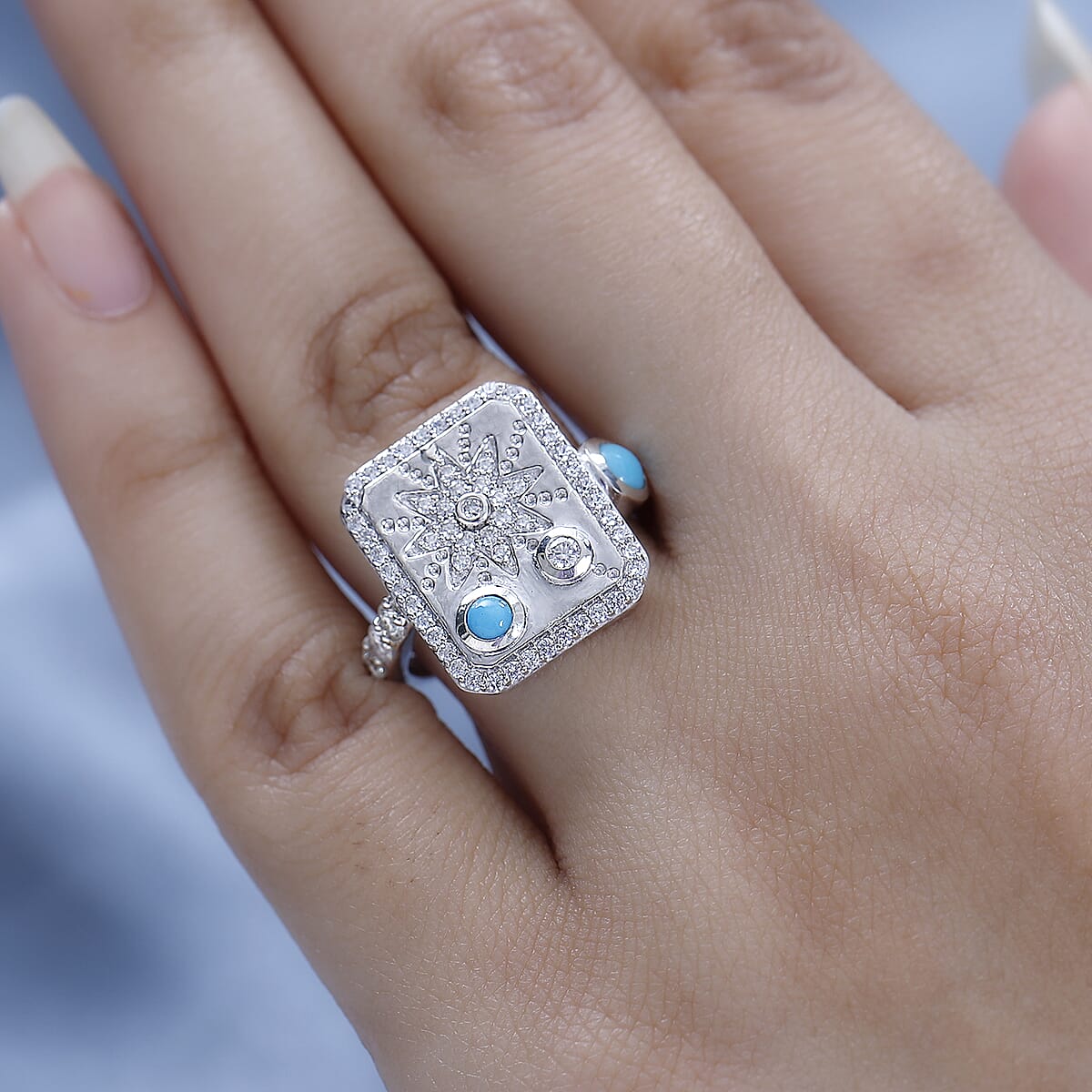 Sleeping Beauty Turquoise and Moissanite 1.00 ctw Sun Starburst Medallion Statement Signet Ring in Platinum Over Sterling Silver (Size 8.0) image number 2