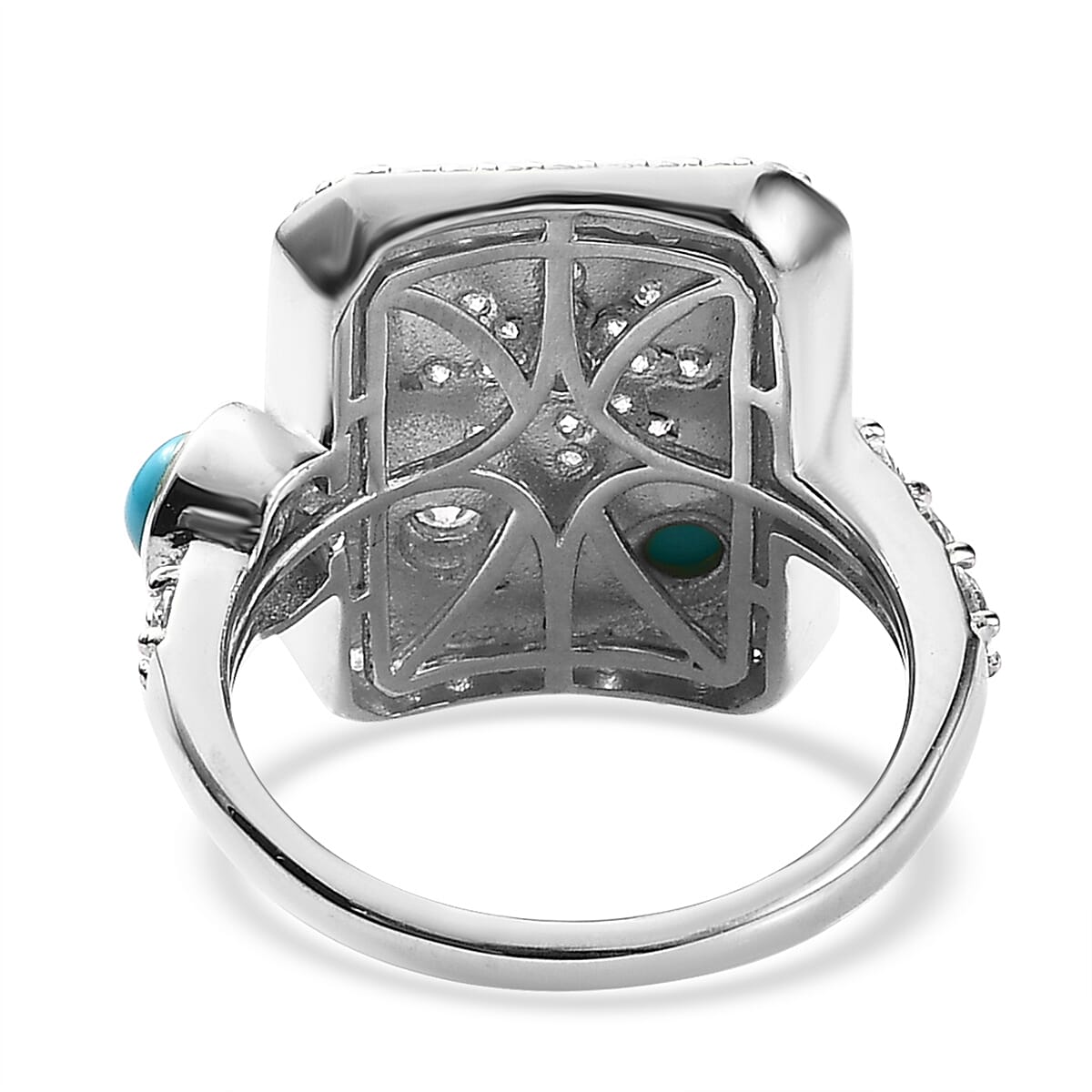 Sleeping Beauty Turquoise and Moissanite 1.00 ctw Sun Starburst Medallion Statement Signet Ring in Platinum Over Sterling Silver (Size 8.0) image number 4