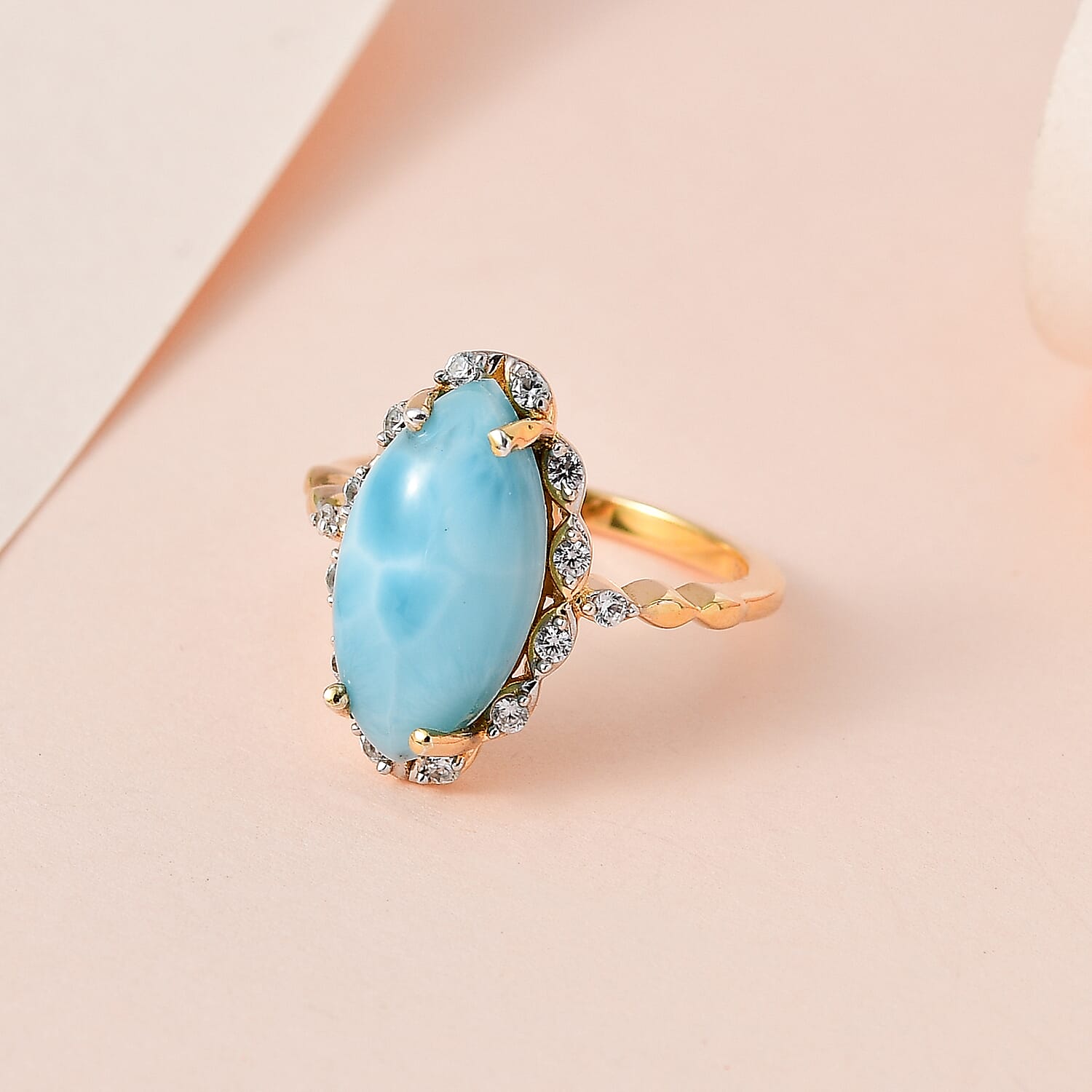 Larimar and White Zircon Ring in Vermeil Yellow Gold Over Sterling Silver (Size 10.0) 5.40 ctw