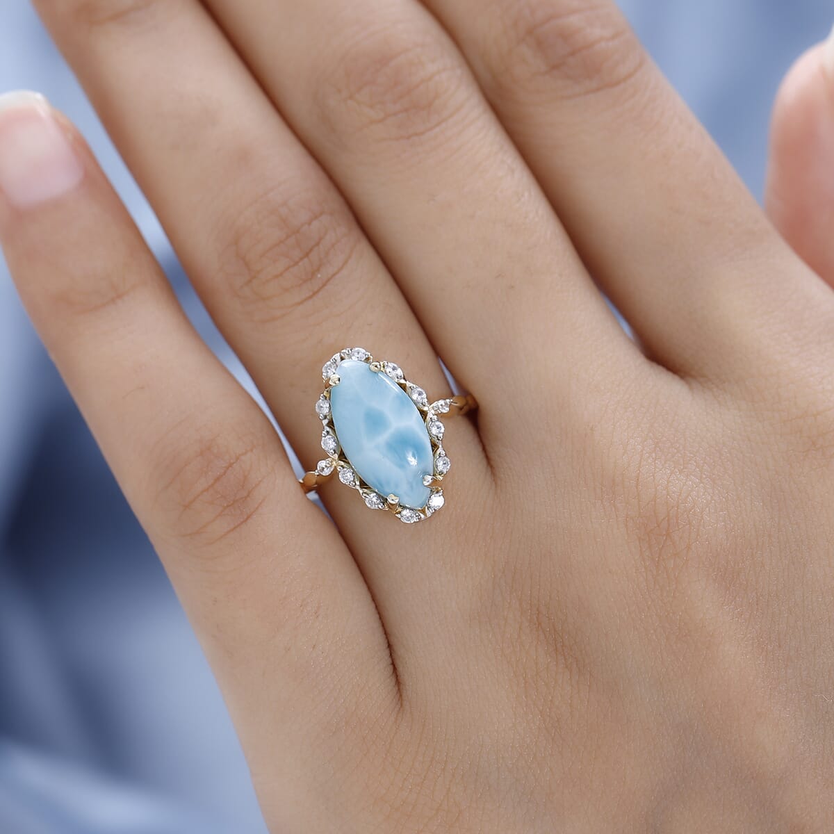 Larimar and White Zircon Ring in Vermeil Yellow Gold Over Sterling Silver 5.40 ctw image number 2