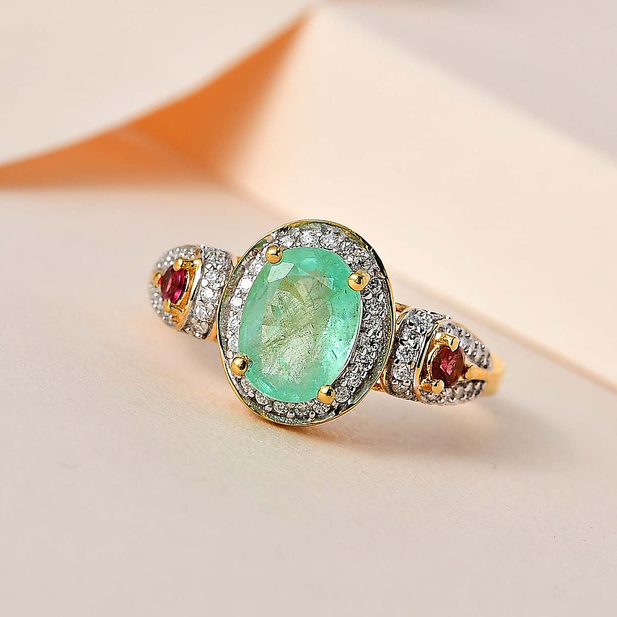 Boyaca Colombian Emerald, Multi Gemstone Halo Ring in Vermeil YG Over Sterling Silver (Size 6.0) 1.50 ctw image number 1