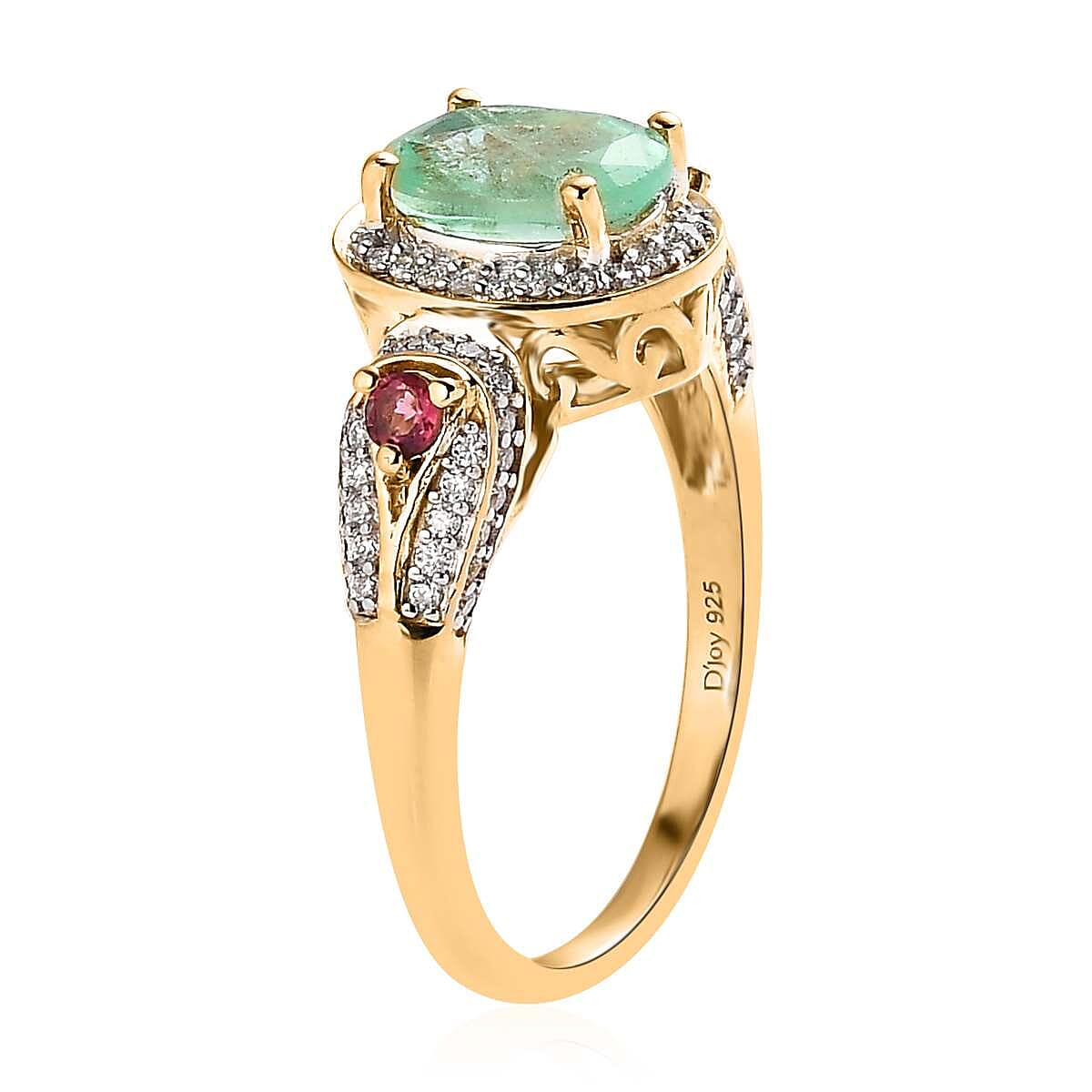 Boyaca Colombian Emerald, Multi Gemstone Halo Ring in Vermeil YG Over Sterling Silver (Size 6.0) 1.50 ctw image number 3