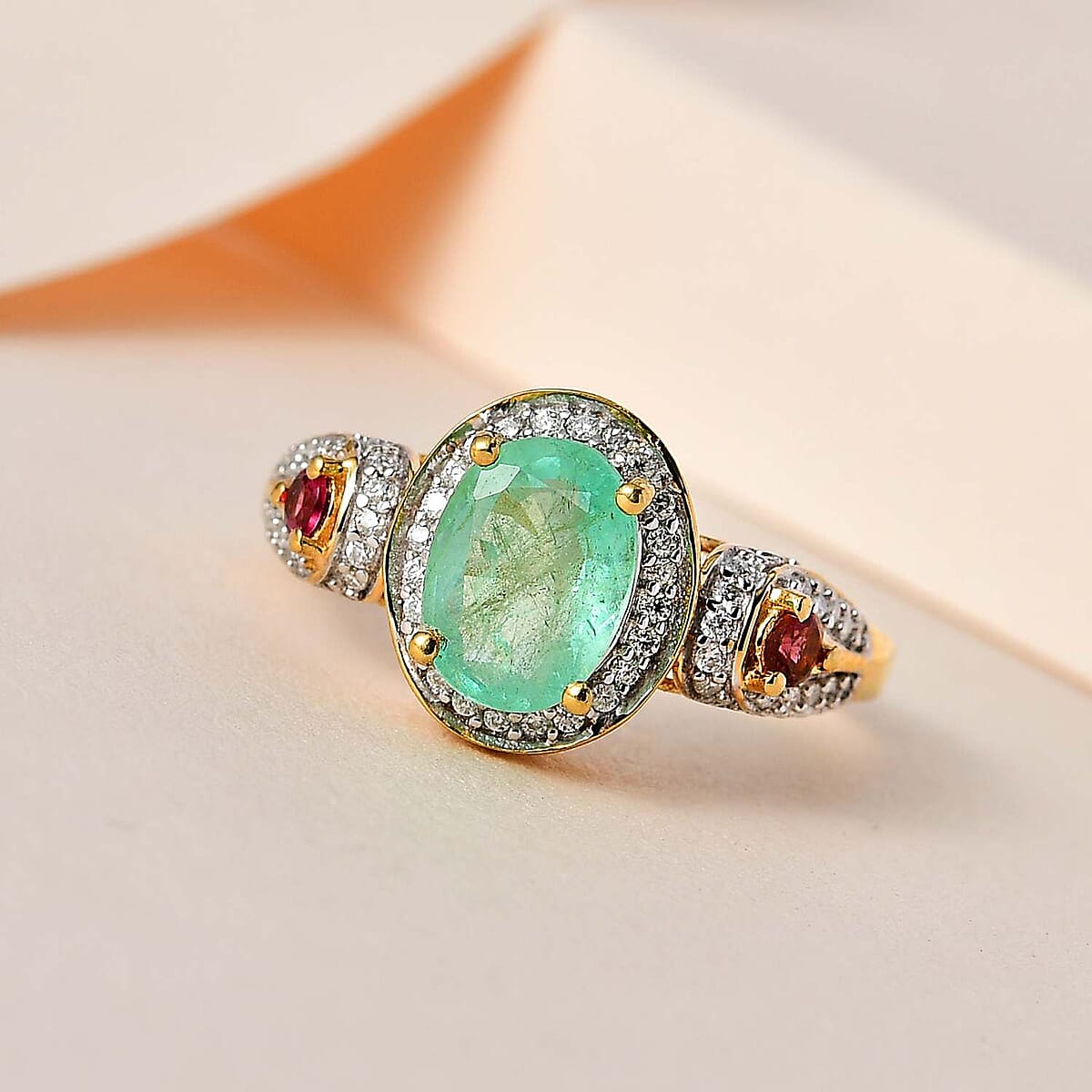 Boyaca Colombian Emerald and Multi Gemstone Halo Ring in Vermeil Yellow Gold Over Sterling Silver (Size 7.0) 1.50 ctw image number 1