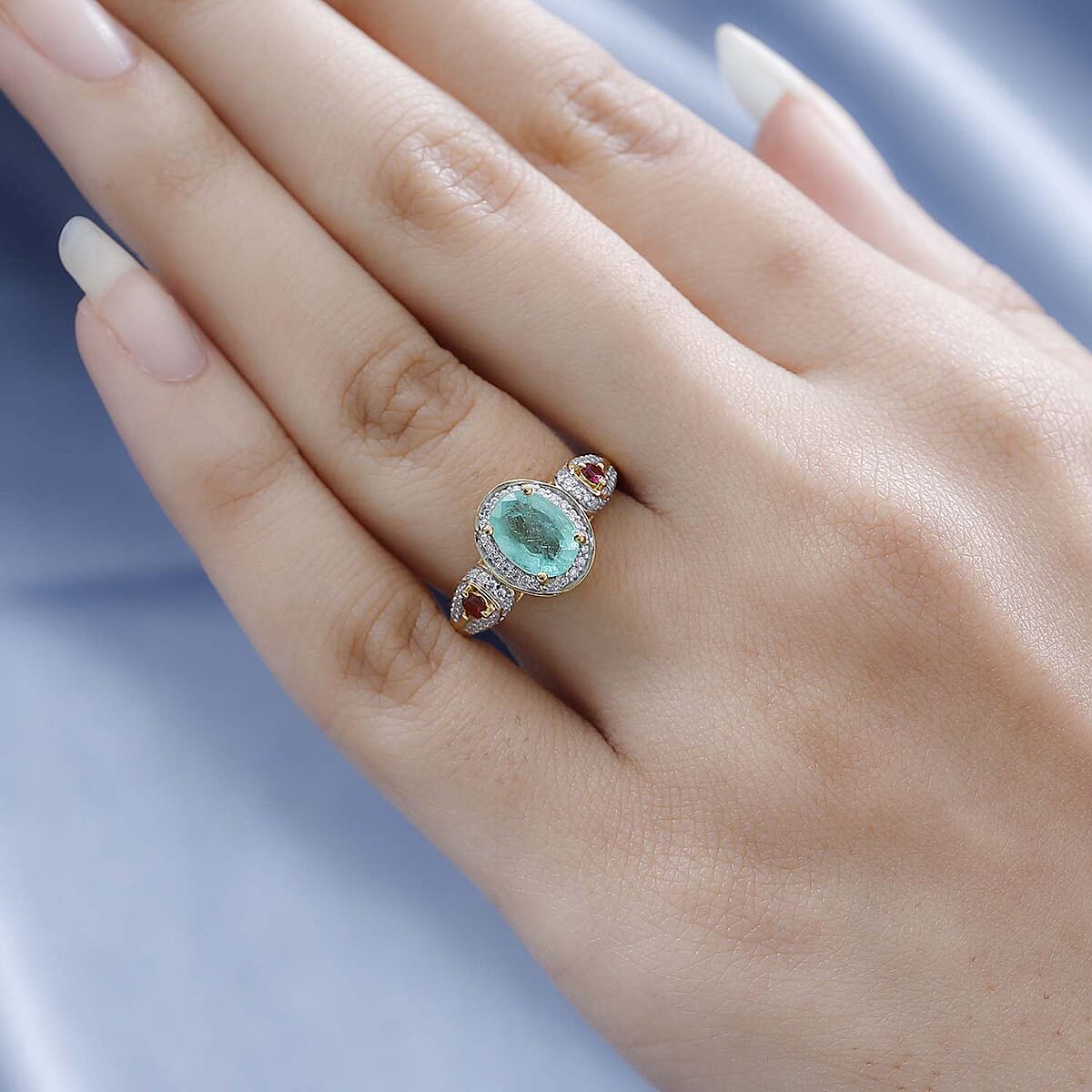 Boyaca Colombian Emerald and Multi Gemstone Halo Ring in Vermeil Yellow Gold Over Sterling Silver (Size 7.0) 1.50 ctw image number 2