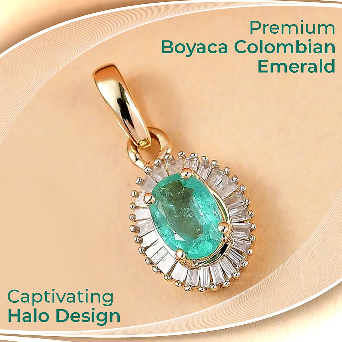 Luxoro 10K Yellow Gold Premium Boyaca Colombian Emerald and Diamond Halo Pendant 0.60 ctw image number 1