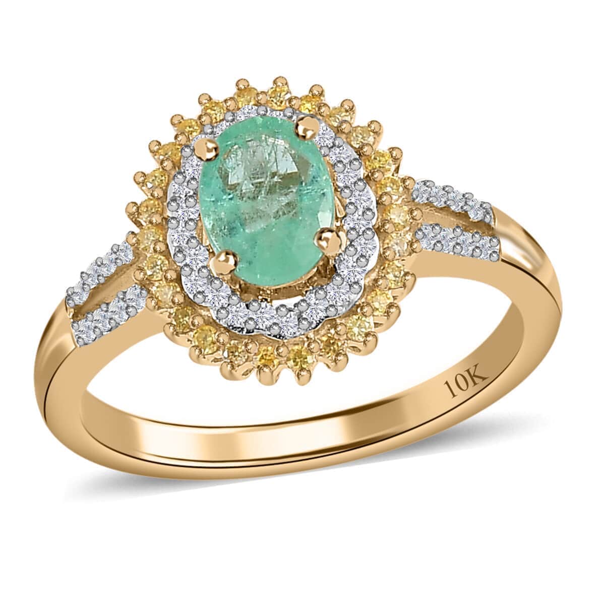 One Time Only Luxoro 10K Yellow Gold Premium Boyaca Colombian Emerald, Moissanite, Natural Yellow Diamond (I3) Double Halo Ring (Size 6.0) 1.00 ctw image number 0