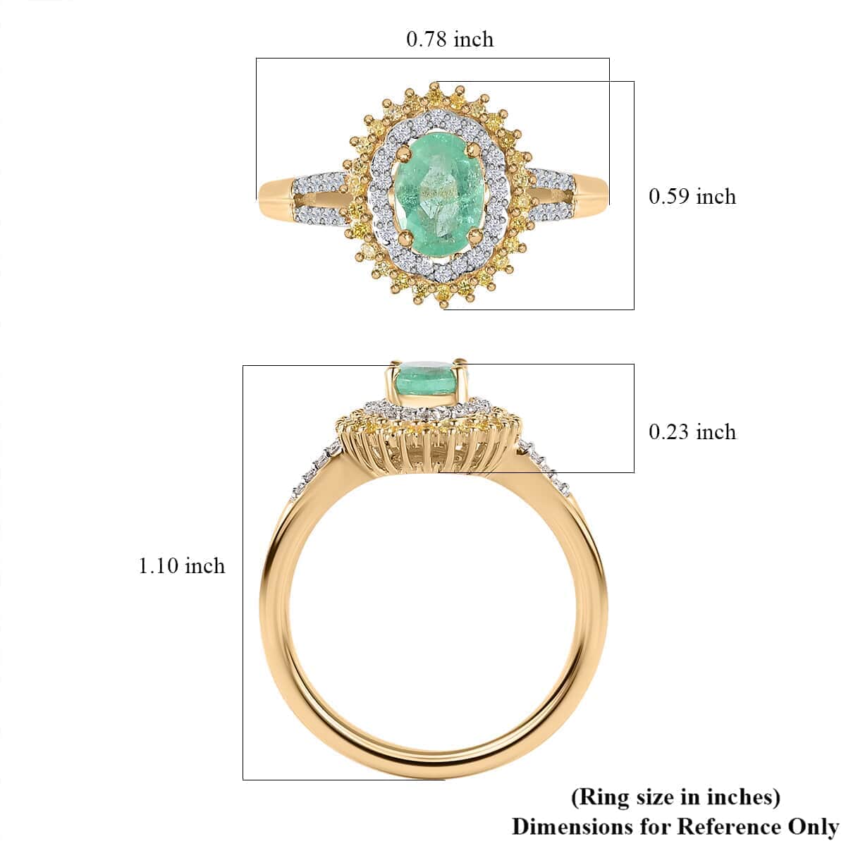 One Time Only Luxoro 10K Yellow Gold Premium Boyaca Colombian Emerald, Moissanite, Natural Yellow Diamond (I3) Double Halo Ring (Size 6.0) 1.00 ctw image number 5