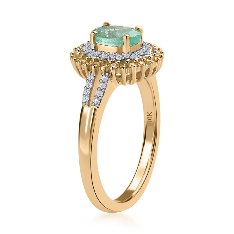 Luxoro Premium Boyaca Colombian Emerald and Moissanite, I3 Natural Yellow Diamond 1.00 ctw Double Halo Ring in 10K Yellow Gold (Size 8.0)