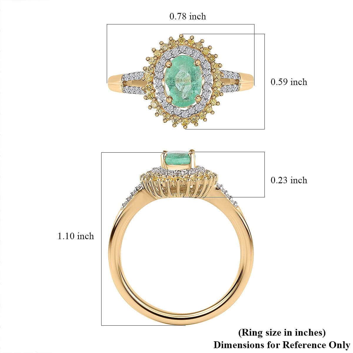 Luxoro Premium Boyaca Colombian Emerald and Moissanite, I3 Natural Yellow Diamond 1.00 ctw Double Halo Ring in 10K Yellow Gold (Size 8.0)