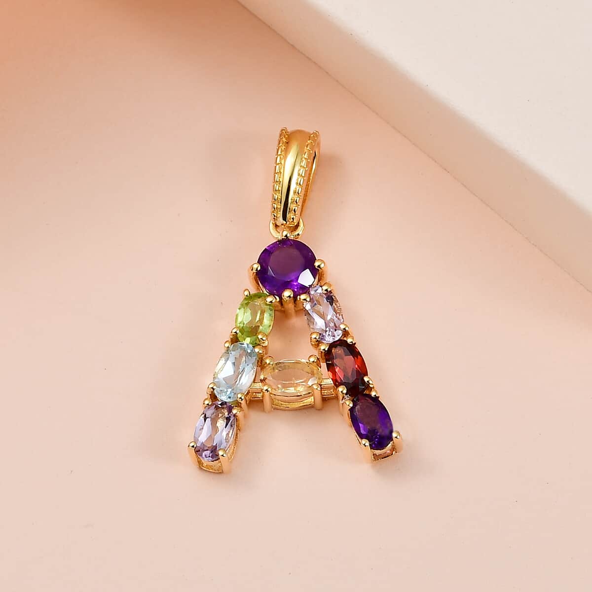 Multi Gemstone Initial A Pendant in Vermeil Yellow Gold Over Sterling Silver 2.10 ctw image number 1