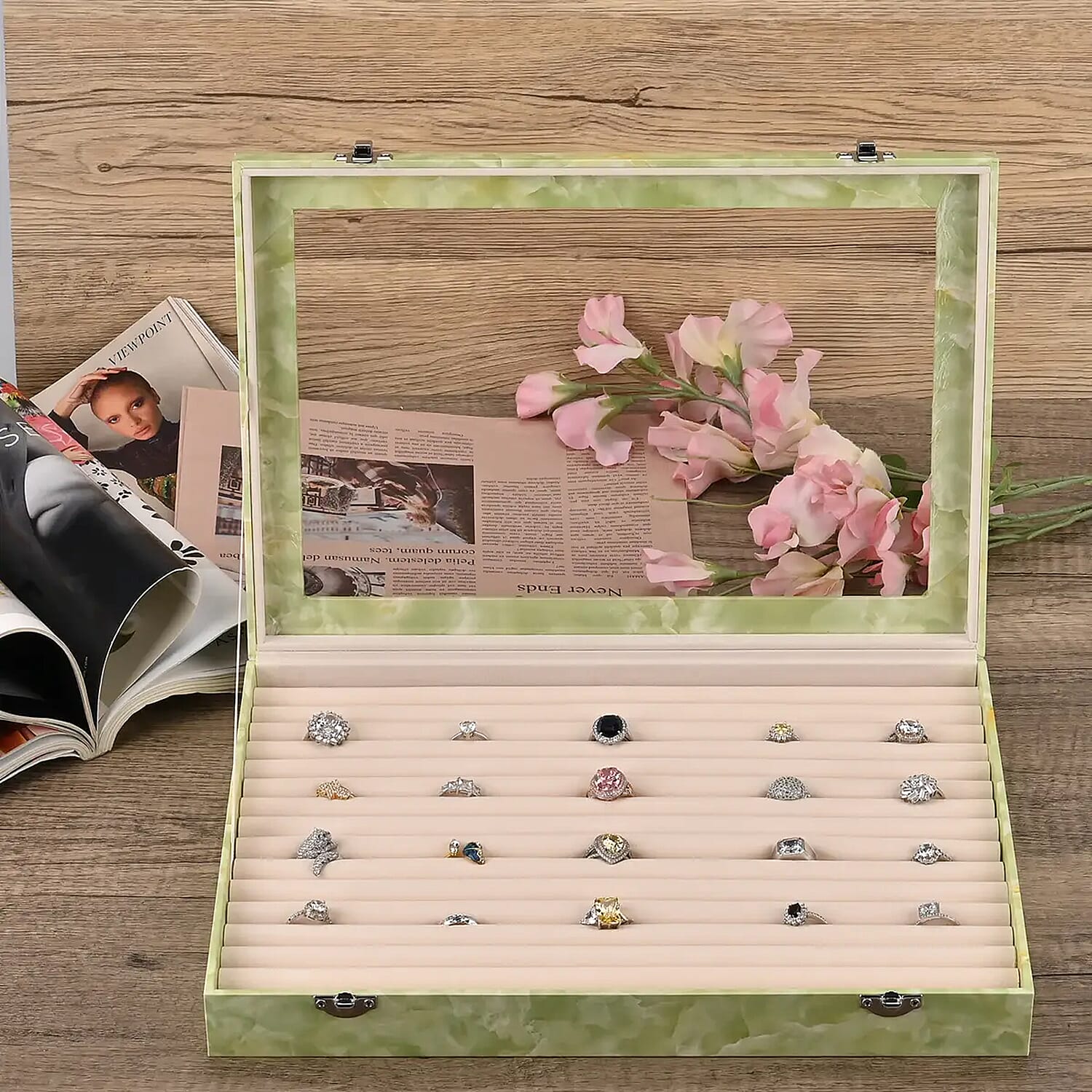 Green Leatherette Jewelry Box, Anti Tarnish Jewelry Box, Jewelry Storage Case, Ring and Earrings Storage Box  (150 Slot) (14x9.5x2)