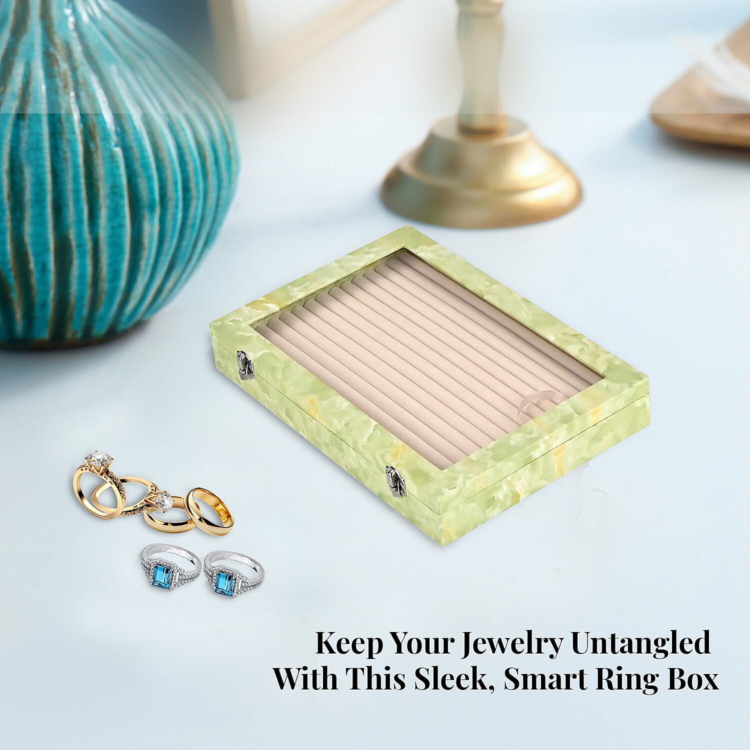 Green Leatherette Jewelry Box, Anti Tarnish Jewelry Box, Jewelry Storage Case, Ring and Earrings Storage Box  (150 Slot) (14x9.5x2)