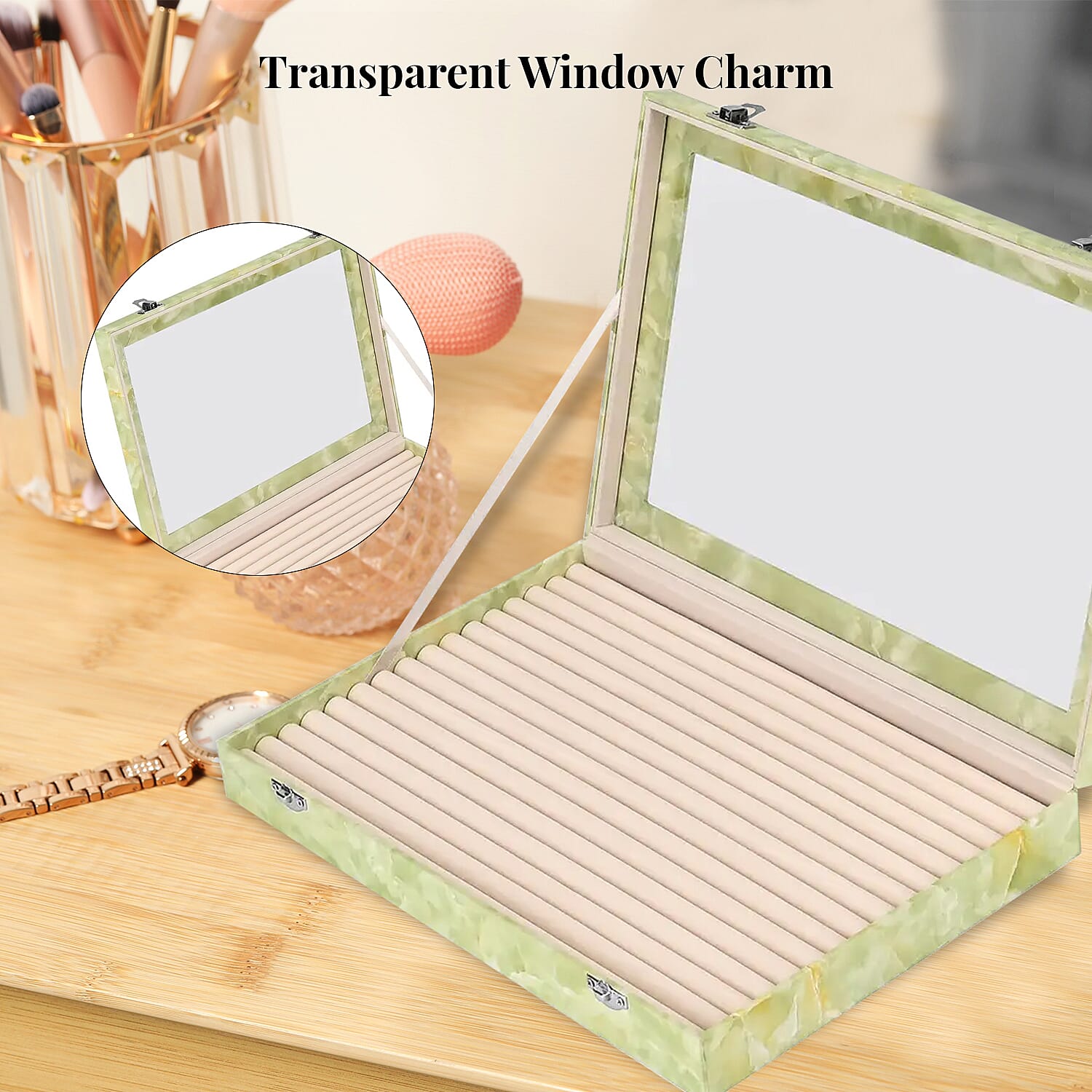 Green Leatherette Jewelry Box, Anti Tarnish Jewelry Box, Jewelry Storage Case, Ring and Earrings Storage Box  (150 Slot) (14x9.5x2)