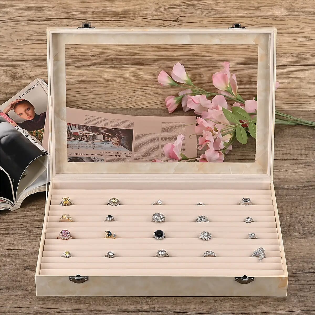 Ivory Leatherette Jewelry Box, Anti Tarnish Jewelry Box, Jewelry Storage Case, Ring and Earrings Storage Box (150 Slot) (14x9.5x2) image number 1