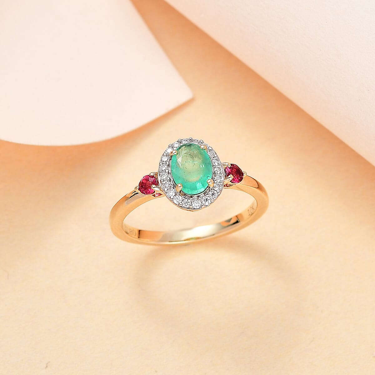 Luxoro 10K Yellow Gold Premium Boyaca Colombian Emerald and Multi Gemstone Halo Ring (Size 9.0) 1.00 ctw image number 1