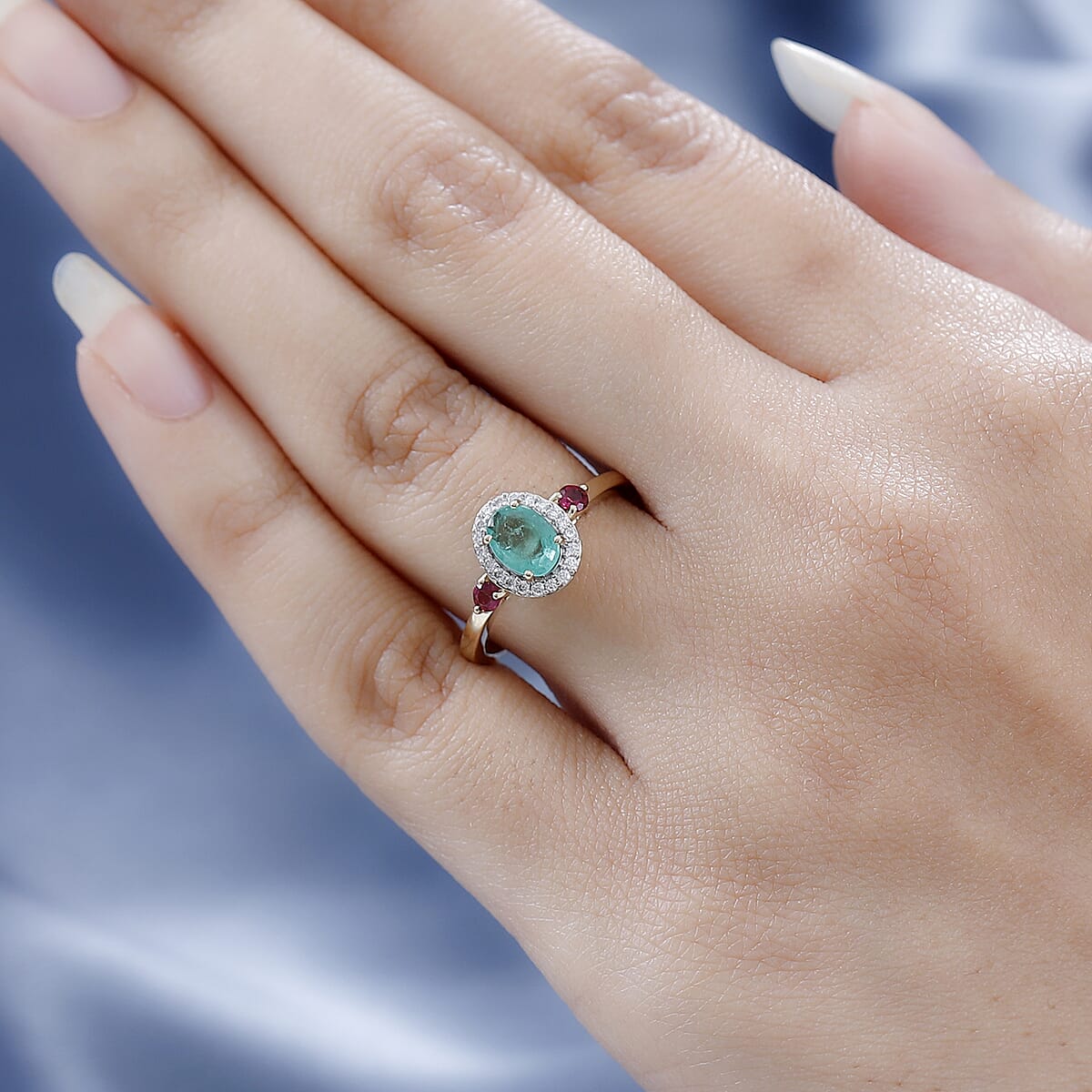 Luxoro 10K Yellow Gold Premium Boyaca Colombian Emerald and Multi Gemstone Halo Ring (Size 9.0) 1.00 ctw image number 2