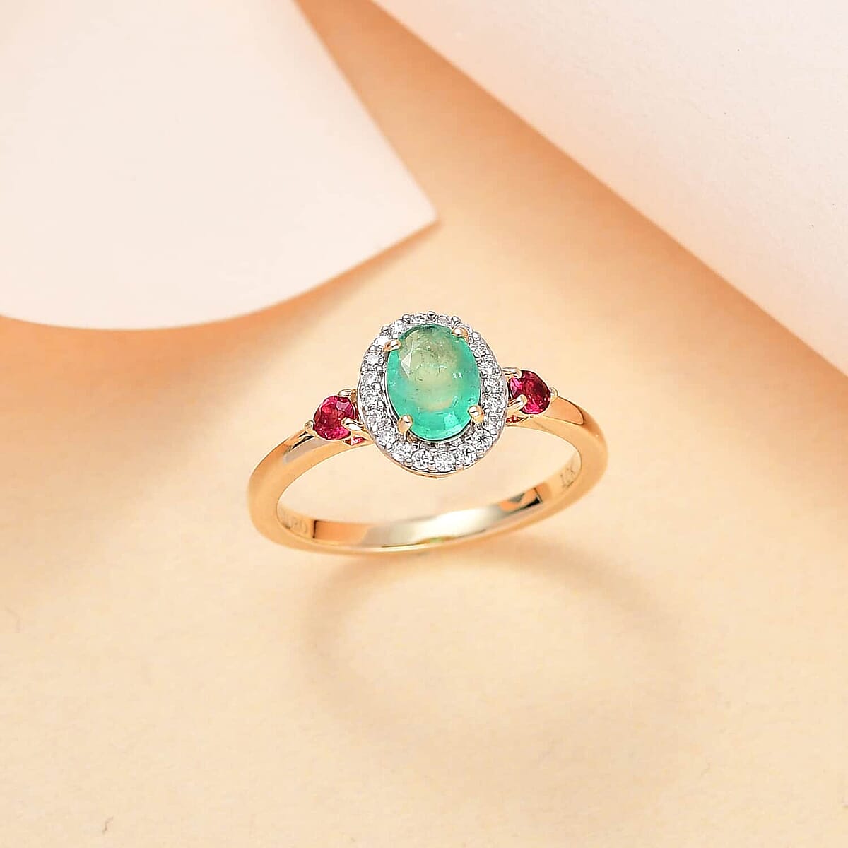 Luxoro 10K Yellow Gold Premium Boyaca Colombian Emerald and Multi Gemstone Halo Ring (Size 7.0) 1.00 ctw image number 1