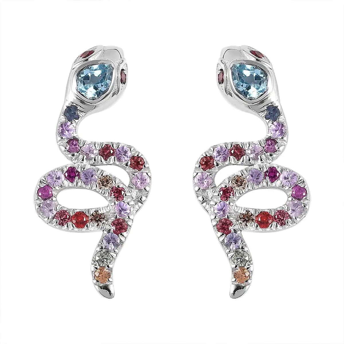 Sky Blue Topaz and Multi Sapphire Snake Earrings in Rhodium Over Sterling Silver 1.60 ctw image number 0