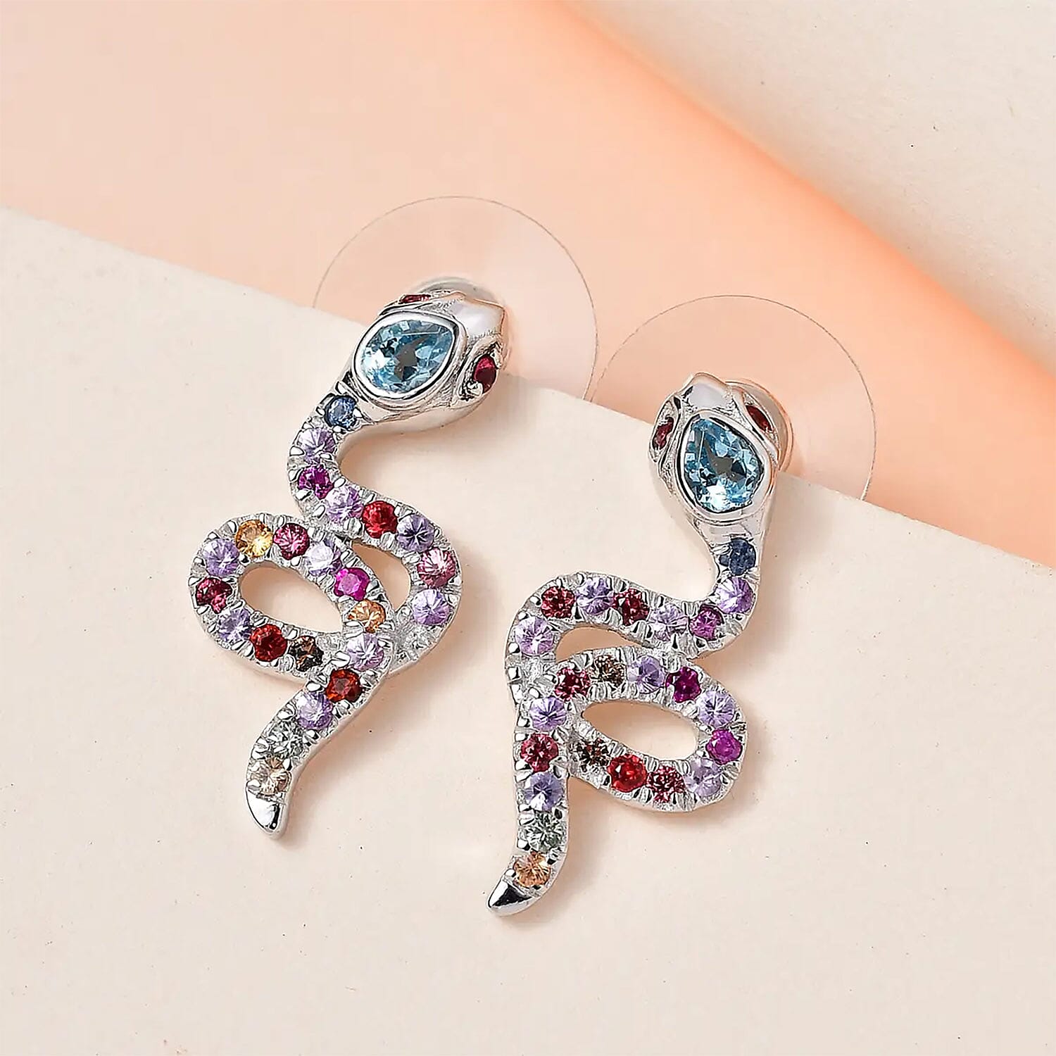 Buy Sky Blue Topaz and Multi Sapphire Snake Earrings in Rhodium
