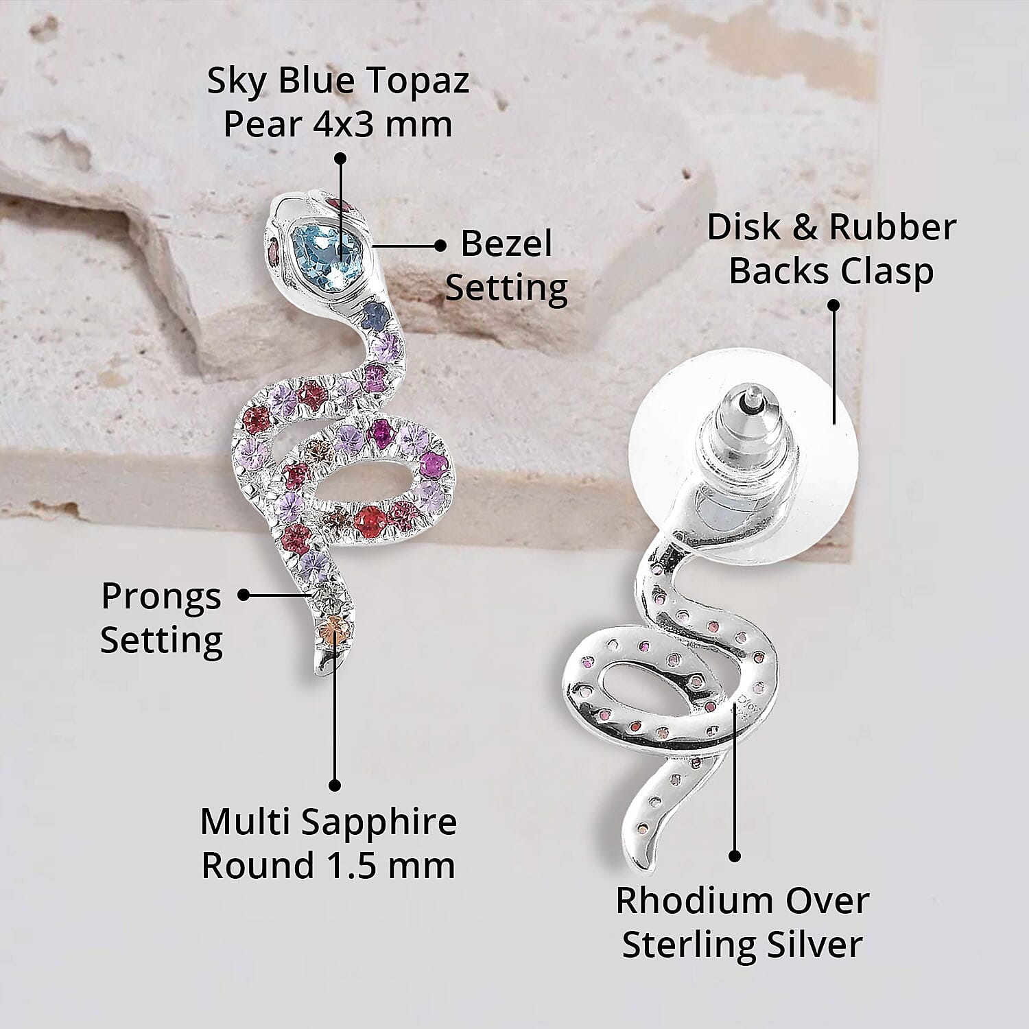 Sky Blue Topaz and Multi Sapphire Snake Earrings in Rhodium Over Sterling Silver 1.60 ctw