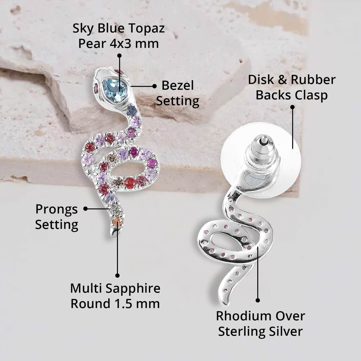 Sky Blue Topaz and Multi Sapphire Snake Earrings in Rhodium Over Sterling Silver 1.60 ctw image number 4