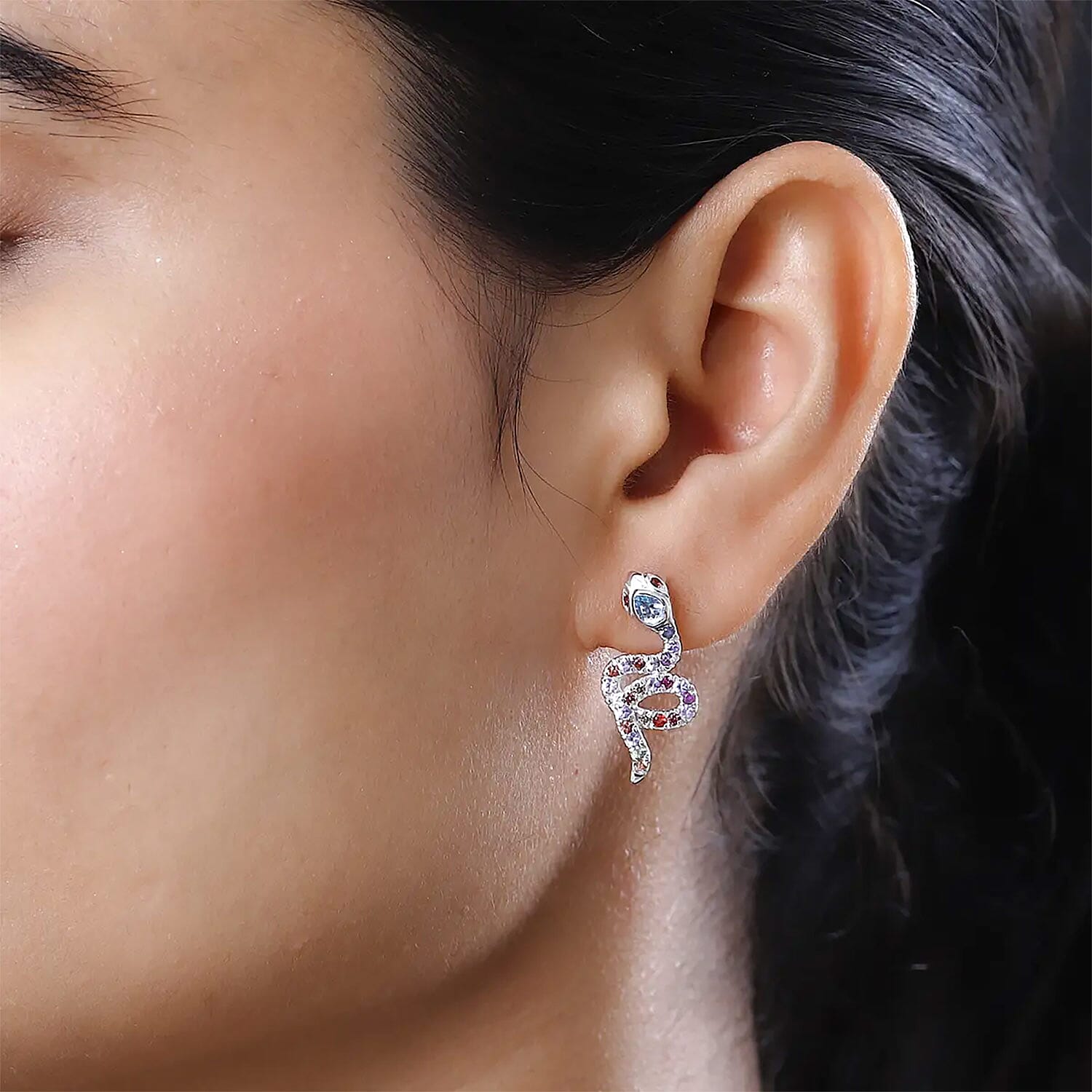 Sky Blue Topaz and Multi Sapphire Snake Earrings in Rhodium Over Sterling Silver 1.60 ctw
