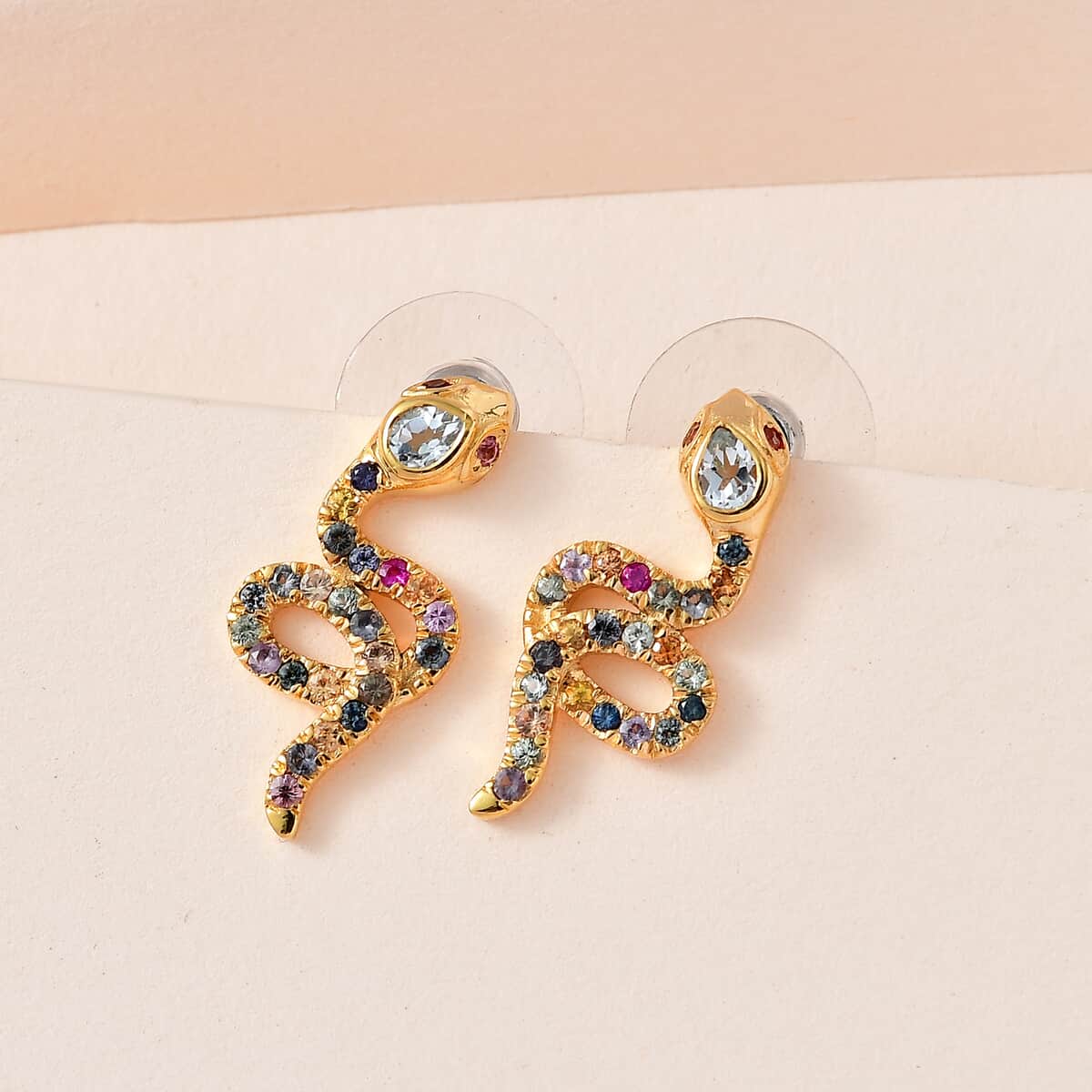 Sky Blue Topaz and Multi Sapphire Snake Earrings in Vermeil Yellow Gold Over Sterling Silver 1.60 ctw image number 1