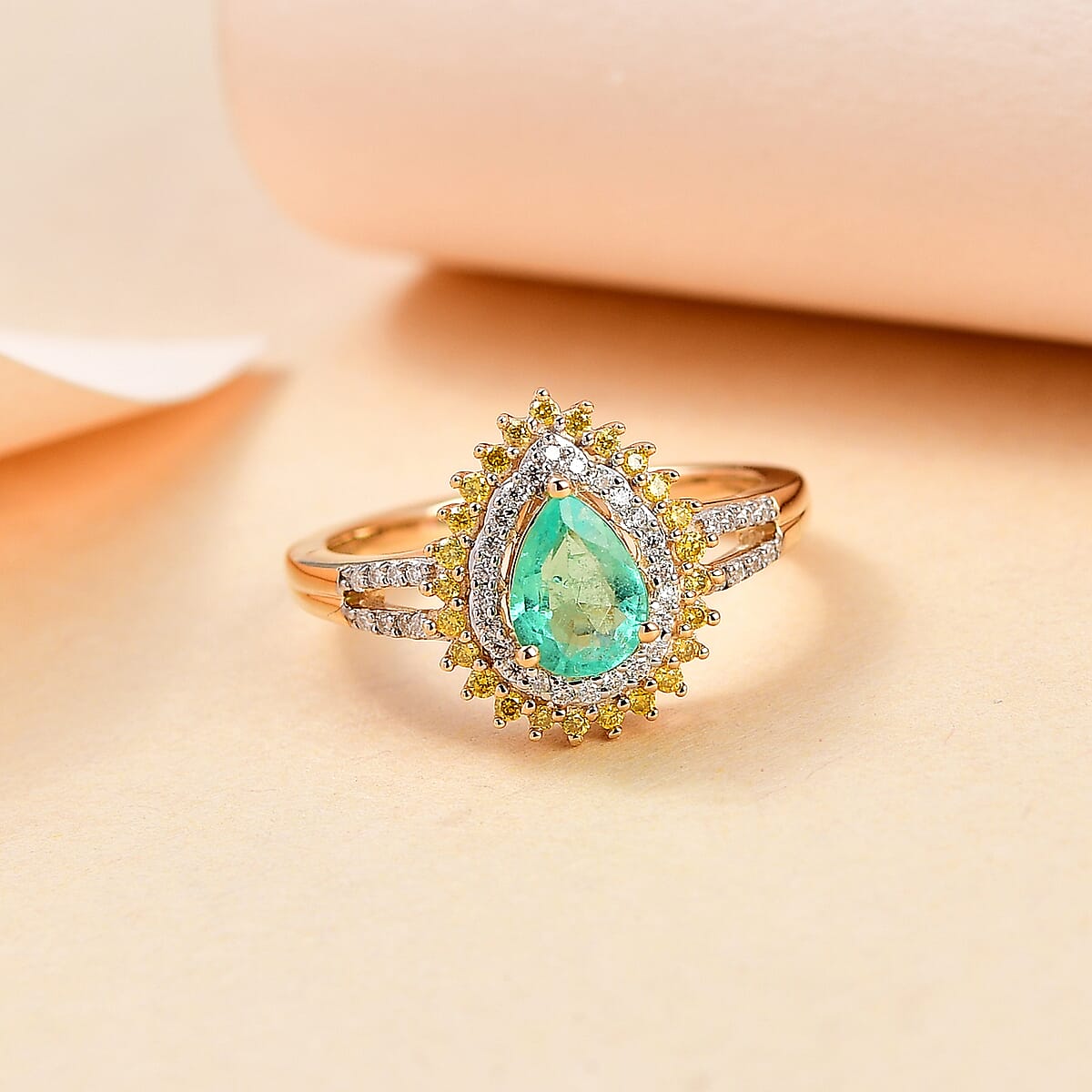 Luxoro 10K Yellow Gold Premium Boyaca Colombian Emerald and Moissanite, I3 Natural Yellow Diamond Double Halo Ring (Size 7.0) 1.00 ctw image number 1