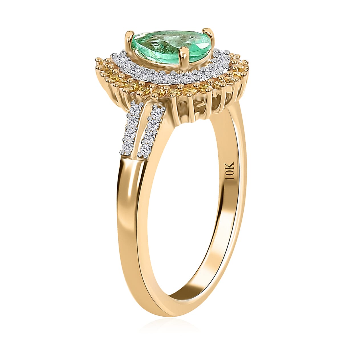 Luxoro 10K Yellow Gold Premium Boyaca Colombian Emerald and Moissanite, I3 Natural Yellow Diamond Double Halo Ring (Size 7.0) 1.00 ctw image number 3