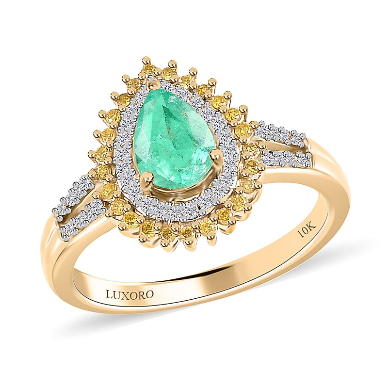 Luxoro 10K Yellow Gold Premium Boyaca Colombian Emerald and Moissanite, I3 Natural Yellow Diamond Double Halo Ring (Size 9.0) 1.00 ctw